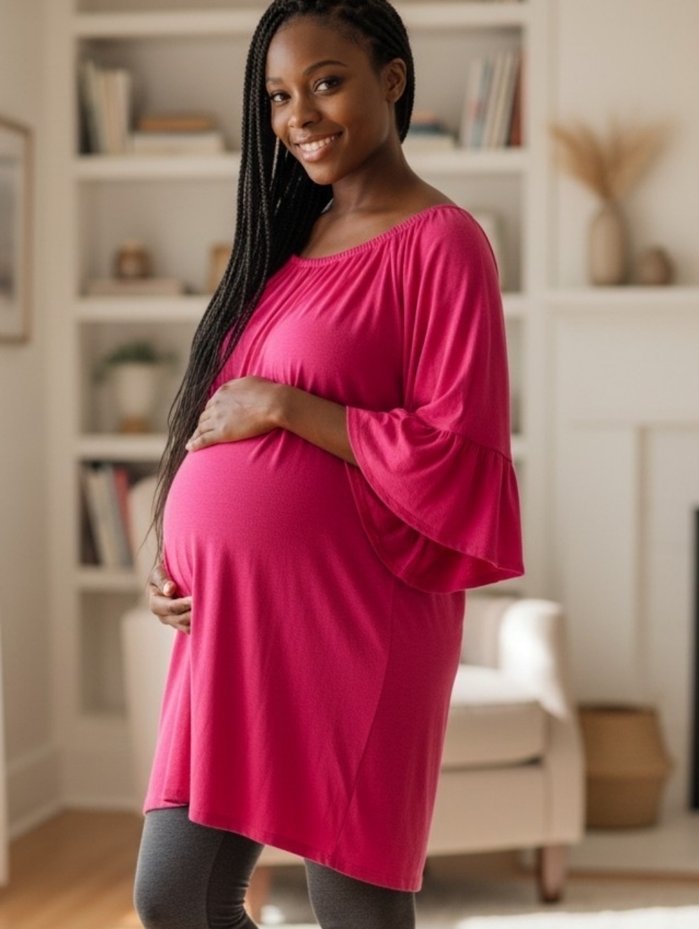PinkBlush Maternity Off Shoulder Tunic Top Hot Pink Ruffle Sleeve M Mama Chic